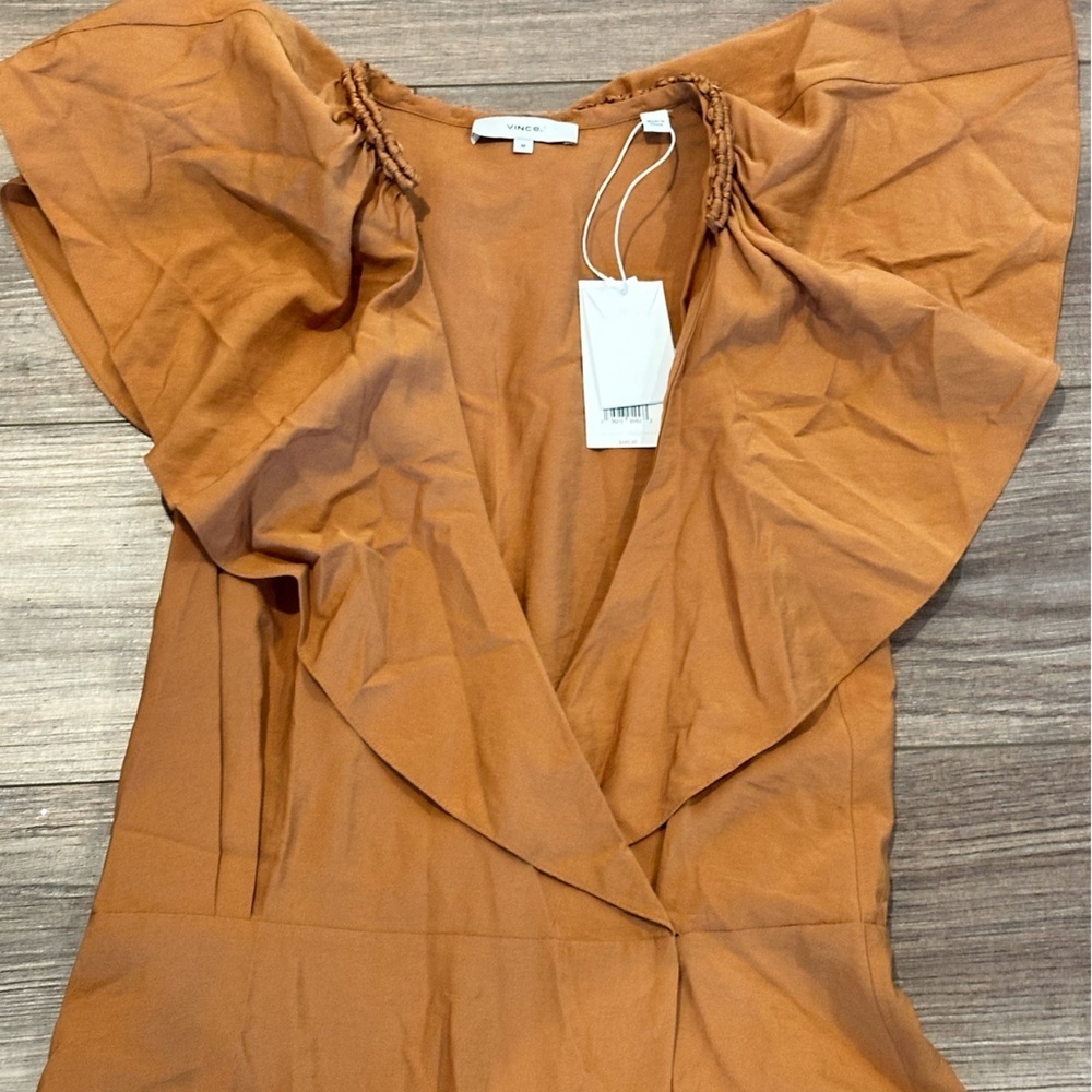 NWT! Vince Braid Trim Flutter Sleeve Wrap Dress in Copper Size Medium - Picture 7 of 11